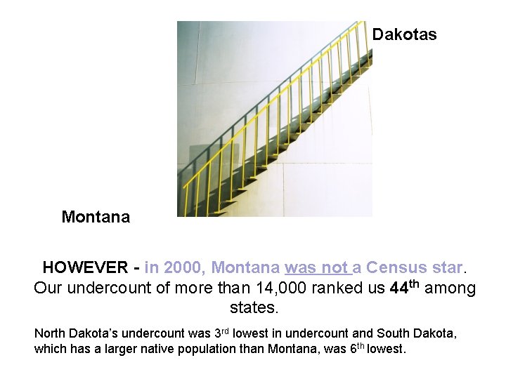 Dakotas Montana HOWEVER - in 2000, Montana was not a Census star. Our undercount