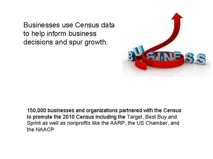 Businesses use Census data to help inform business decisions and spur growth. 150, 000