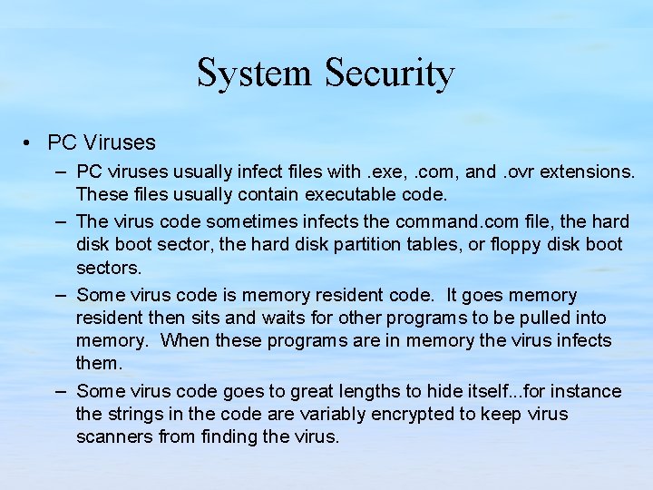 System Security • PC Viruses – PC viruses usually infect files with. exe, .