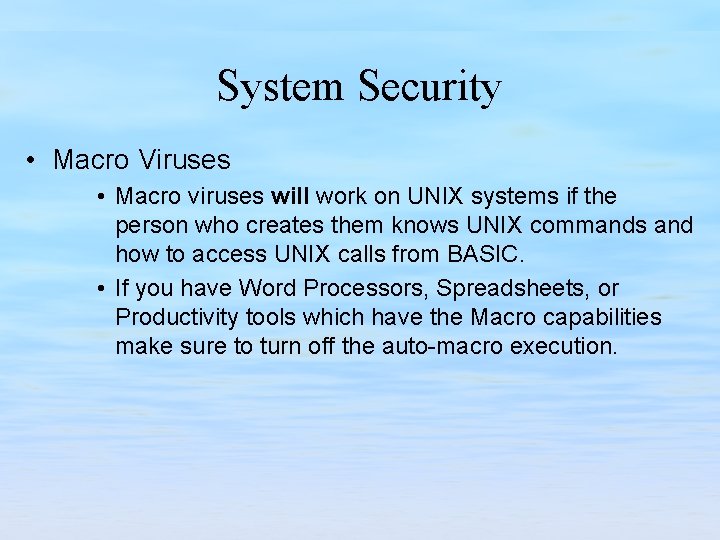 System Security • Macro Viruses • Macro viruses will work on UNIX systems if