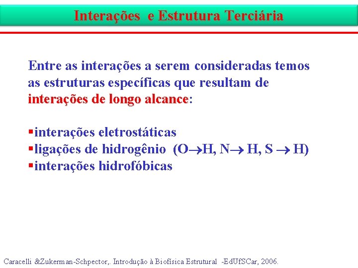 Interações e Estrutura Terciária Entre as interações a serem consideradas temos as estruturas específicas