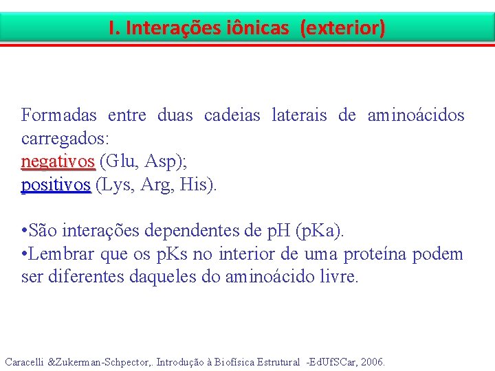 I. Interações iônicas (exterior) Formadas entre duas cadeias laterais de aminoácidos carregados: negativos (Glu,