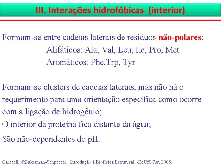 III. Interações hidrofóbicas (interior) Formam-se entre cadeias laterais de resíduos não-polares: não-polares Alifáticos: Ala,