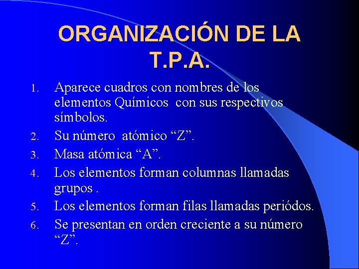 ORGANIZACIÓN DE LA T. P. A. 1. 2. 3. 4. 5. 6. Aparece cuadros