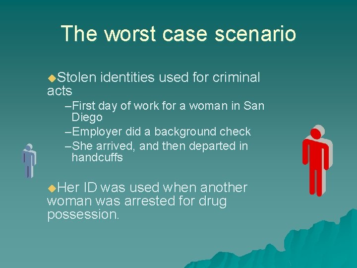 The worst case scenario u. Stolen acts identities used for criminal –First day of