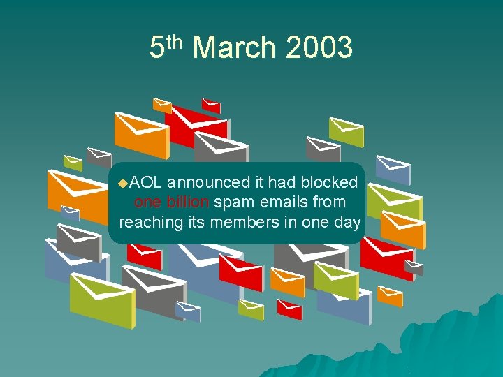 5 th March 2003 u. AOL announced it had blocked one billion spam emails
