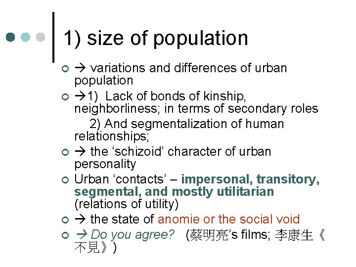 1) size of population ¢ ¢ ¢ variations and differences of urban population 1)