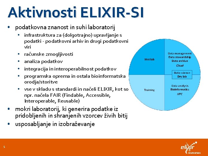 Aktivnosti ELIXIR-SI • podatkovna znanost in suhi laboratorij • infrastruktura za (dolgotrajno) upravljanje s