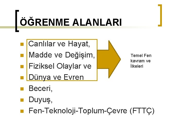 ÖĞRENME ALANLARI n n n n Canlılar ve Hayat, Temel Fen Madde ve Değişim,