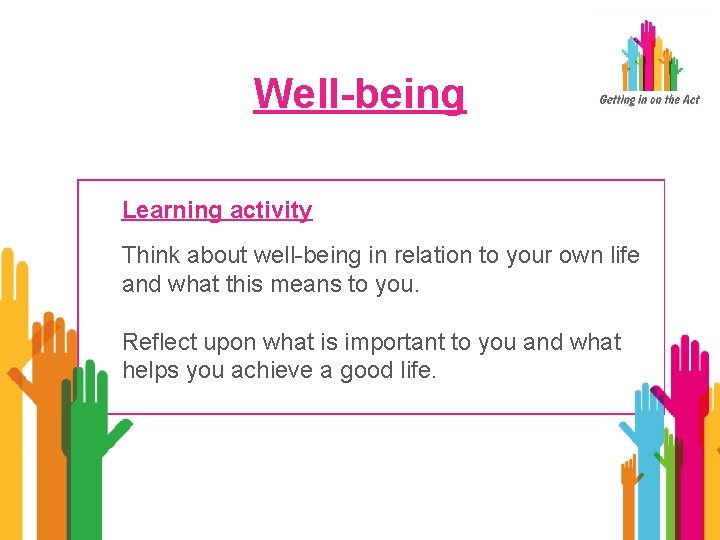 Well-being Learning activity Think about well-being in relation to your own life and what