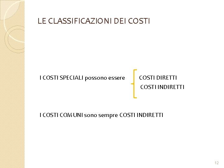 LE CLASSIFICAZIONI DEI COSTI SPECIALI possono essere COSTI DIRETTI COSTI INDIRETTI I COSTI COMUNI