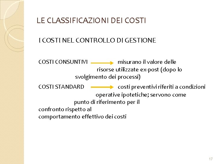 LE CLASSIFICAZIONI DEI COSTI NEL CONTROLLO DI GESTIONE COSTI CONSUNTIVI misurano il valore delle