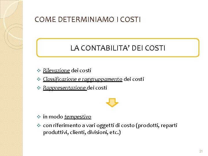 COME DETERMINIAMO I COSTI LA CONTABILITA’ DEI COSTI Rilevazione dei costi v Classificazione e