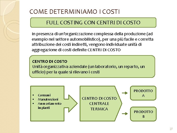 COME DETERMINIAMO I COSTI FULL COSTING CON CENTRI DI COSTO In presenza di un’organizzazione