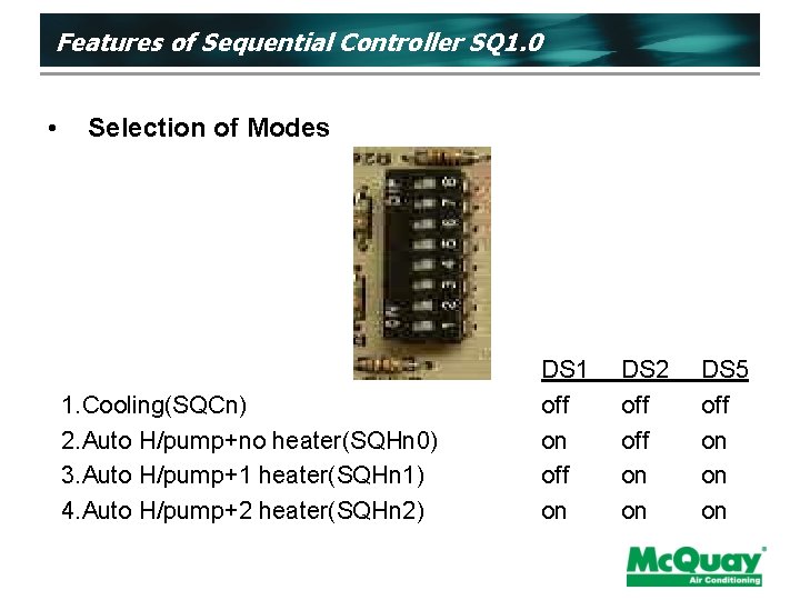 Features of Sequential Controller SQ 1. 0 • Selection of Modes 1. Cooling(SQCn) 2.