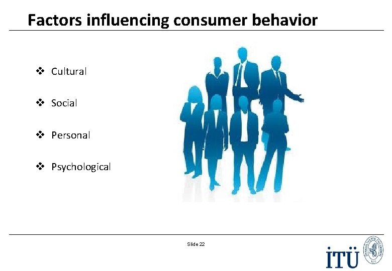 Factors influencing consumer behavior v Cultural v Social v Personal v Psychological Slide 22