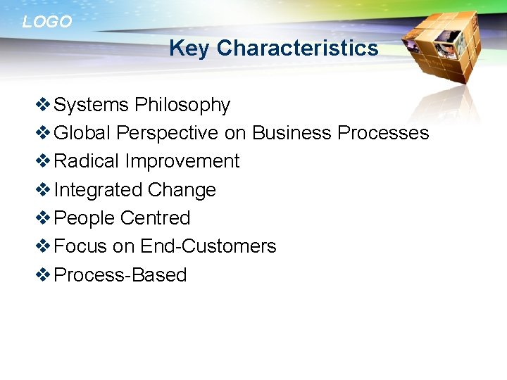 LOGO Key Characteristics v Systems Philosophy v Global Perspective on Business Processes v Radical