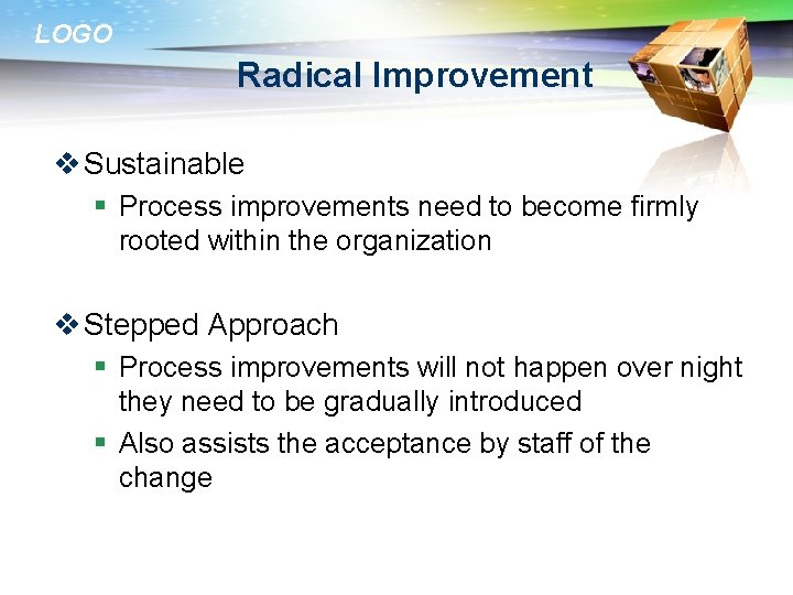 LOGO Radical Improvement v Sustainable § Process improvements need to become firmly rooted within