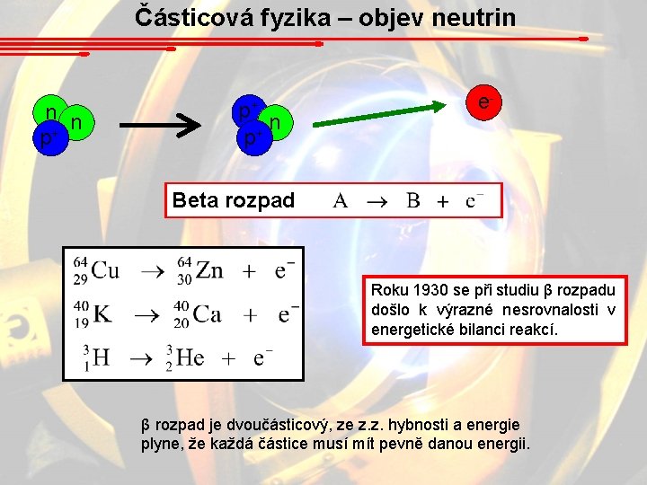 Částicová fyzika – objev neutrin n n p+ p+ p+ n e- Beta rozpad