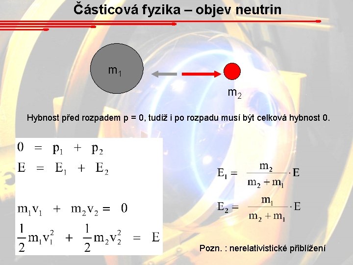 Částicová fyzika – objev neutrin m 1 m 2 Hybnost před rozpadem p =