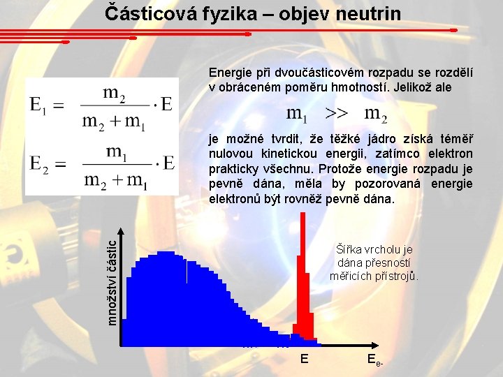 Částicová fyzika – objev neutrin Energie při dvoučásticovém rozpadu se rozdělí v obráceném poměru
