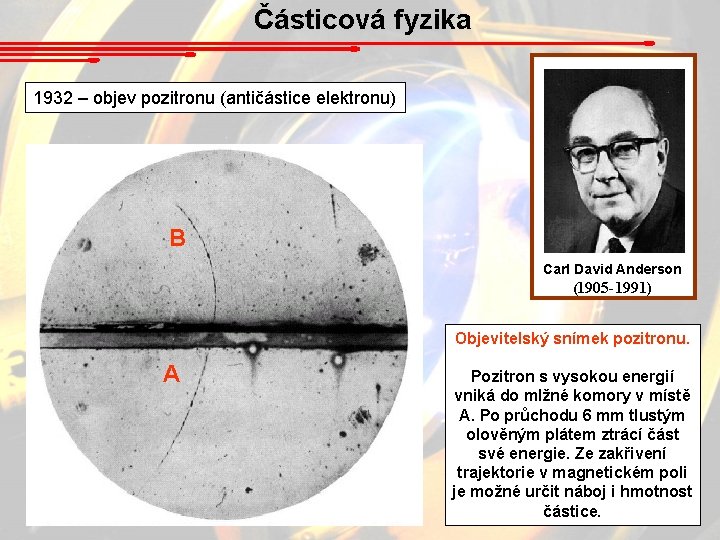 Částicová fyzika 1932 – objev pozitronu (antičástice elektronu) B Carl David Anderson (1905 -1991)