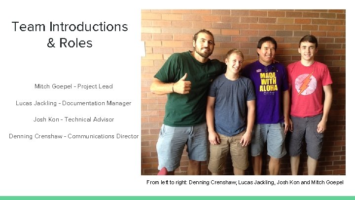 Team Introductions & Roles Mitch Goepel - Project Lead Lucas Jackling - Documentation Manager
