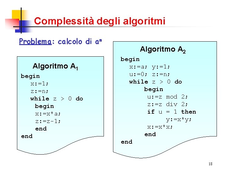 Complessità degli algoritmi Problema: calcolo di an Algoritmo A 1 begin x: =1; z: