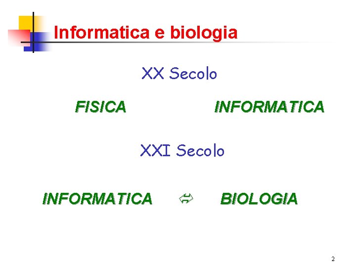 Informatica e biologia XX Secolo FISICA INFORMATICA XXI Secolo INFORMATICA BIOLOGIA 2 