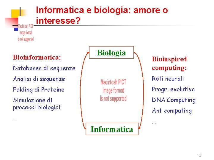 Informatica e biologia: amore o interesse? Bioinformatica: Biologia Databases di sequenze Bioinspired computing: Analisi