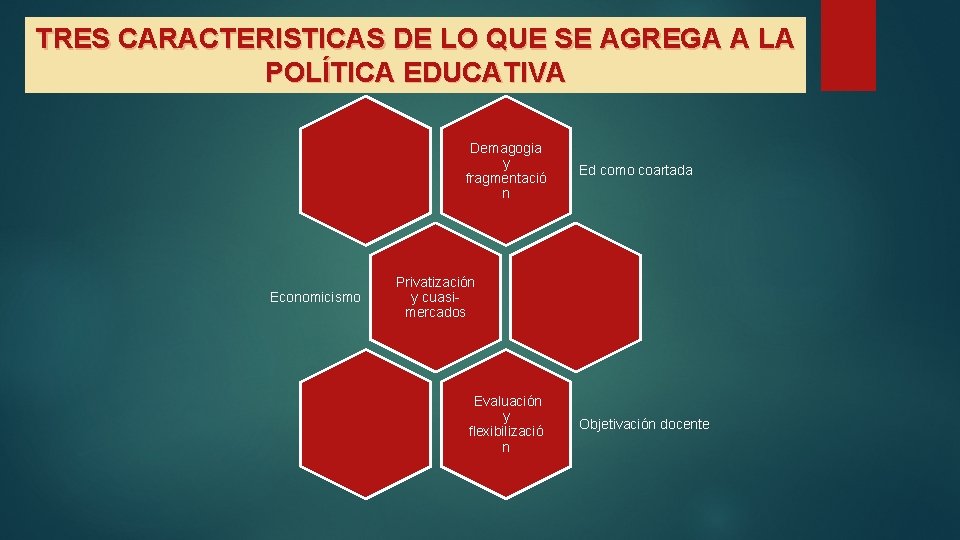 TRES CARACTERISTICAS DE LO QUE SE AGREGA A LA POLÍTICA EDUCATIVA Demagogia y fragmentació
