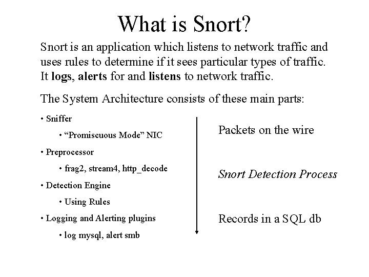 What is Snort? Snort is an application which listens to network traffic and uses