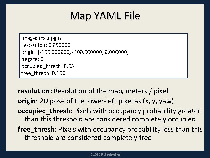 Map YAML File image: map. pgm resolution: 0. 050000 origin: [-100. 000000, 0. 000000]