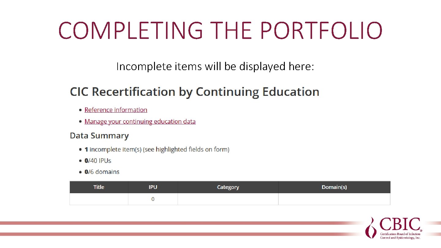COMPLETING THE PORTFOLIO Incomplete items will be displayed here: 