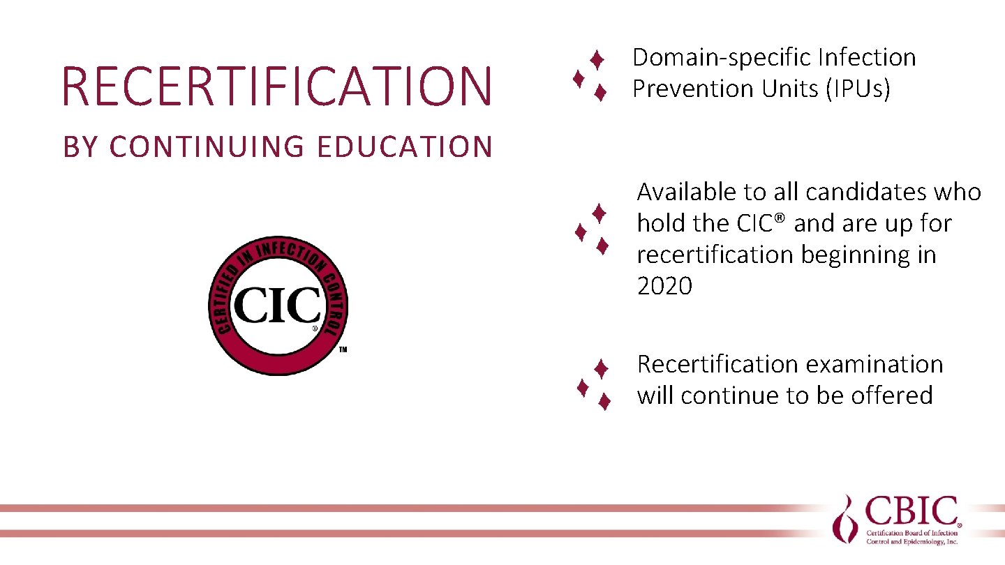 RECERTIFICATION Domain-specific Infection Prevention Units (IPUs) BY CONTINUING EDUCATION Available to all candidates who