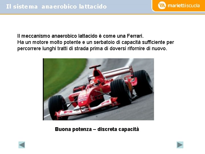 Il sistema anaerobico lattacido Il meccanismo anaerobico lattacido è come una Ferrari. Ha un