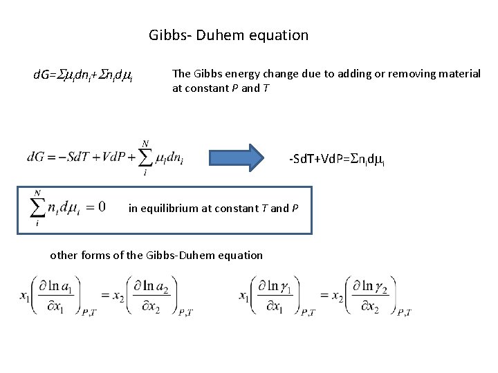 Gibbs- Duhem equation d. G=Smidni+Snidmi The Gibbs energy change due to adding or removing Gibbs- Duhem equation d. G=Smidni+Snidmi The Gibbs energy change due to adding or removing