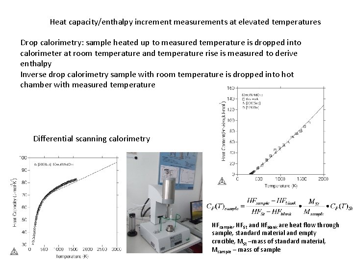 Heat capacity/enthalpy increment measurements at elevated temperatures Drop calorimetry: sample heated up to measured Heat capacity/enthalpy increment measurements at elevated temperatures Drop calorimetry: sample heated up to measured