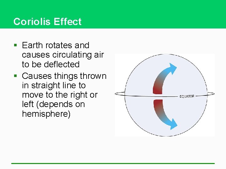 Coriolis Effect § Earth rotates and causes circulating air to be deflected § Causes