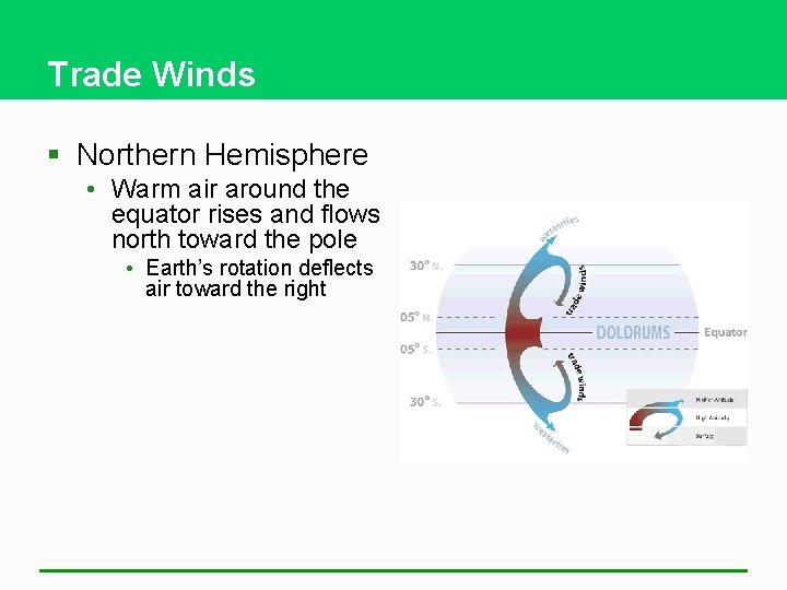 Trade Winds § Northern Hemisphere • Warm air around the equator rises and flows