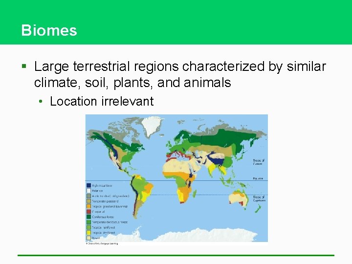 Biomes § Large terrestrial regions characterized by similar climate, soil, plants, and animals •