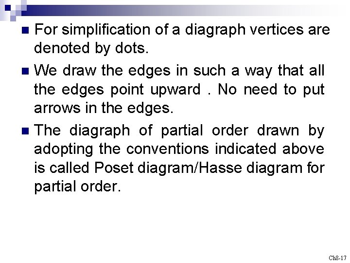 For simplification of a diagraph vertices are denoted by dots. n We draw the