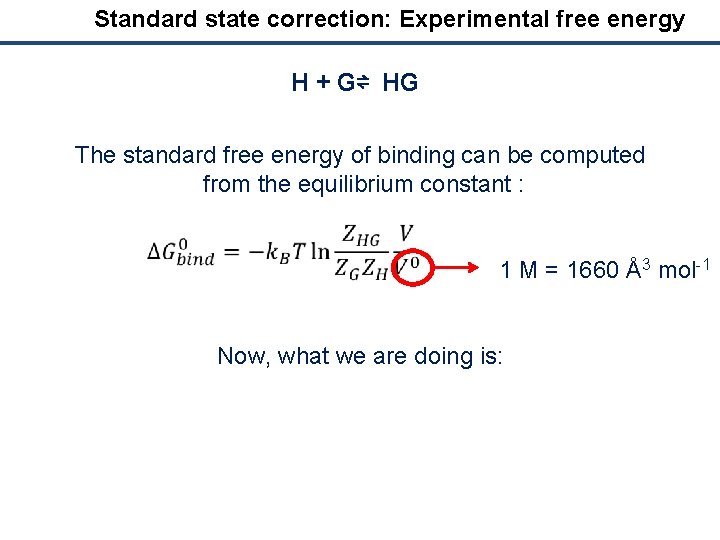 Standard state correction: Experimental free energy H + G⇌ HG The standard free energy