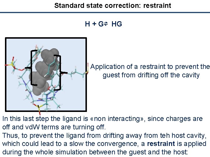 Standard state correction: restraint H + G⇌ HG Application of a restraint to prevent