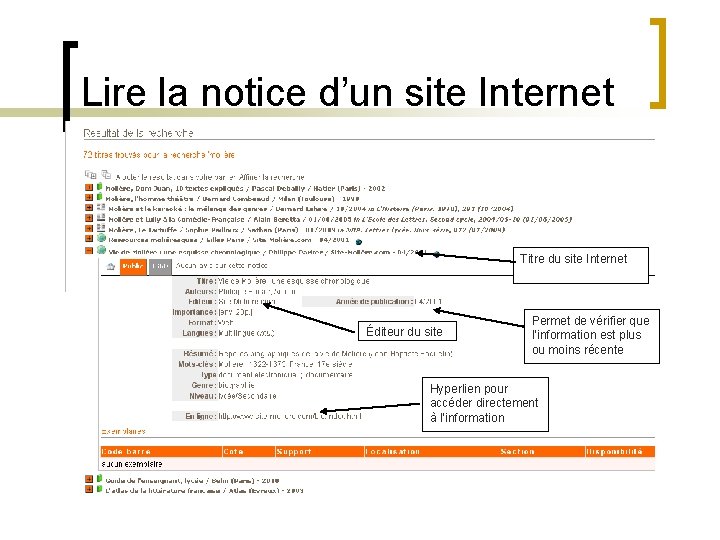 Lire la notice d’un site Internet Titre du site Internet Éditeur du site Permet