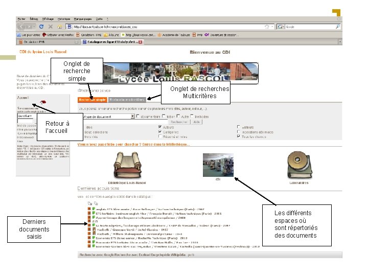 Onglet de recherche simple Onglet de recherches Multicritères Retour à l’accueil Derniers documents saisis