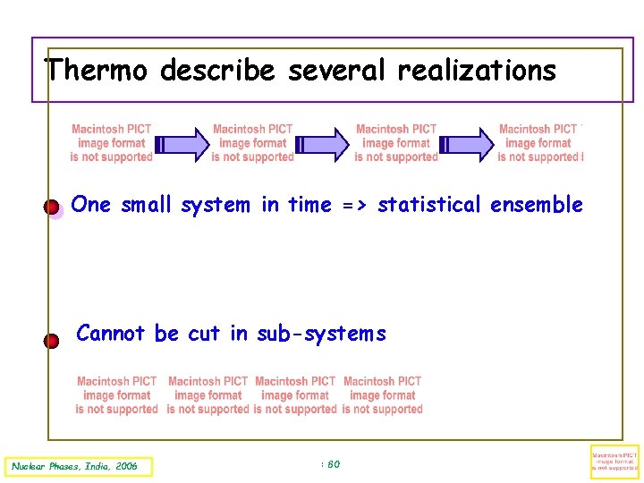 Thermo describe several realizations One small system in time => statistical ensemble Cannot be