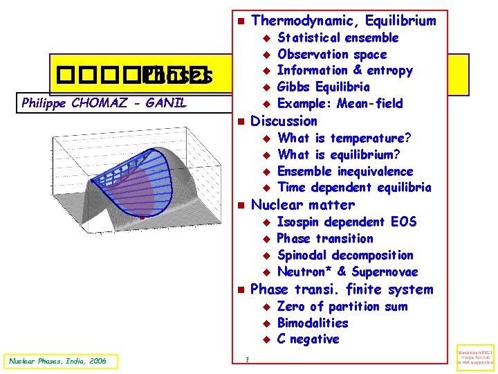  Thermodynamic, Equilibrium ������� Phases Philippe CHOMAZ - GANIL Discussion Isospin dependent EOS Phase