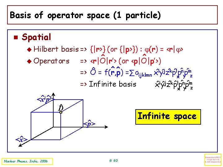 Basis of operator space (1 particle) Spatial Hilbert basis => {|r>} (or {|p>}) :