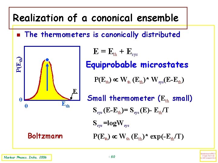 Realization of a cononical ensemble The thermometers is canonically distributed E = Eth +